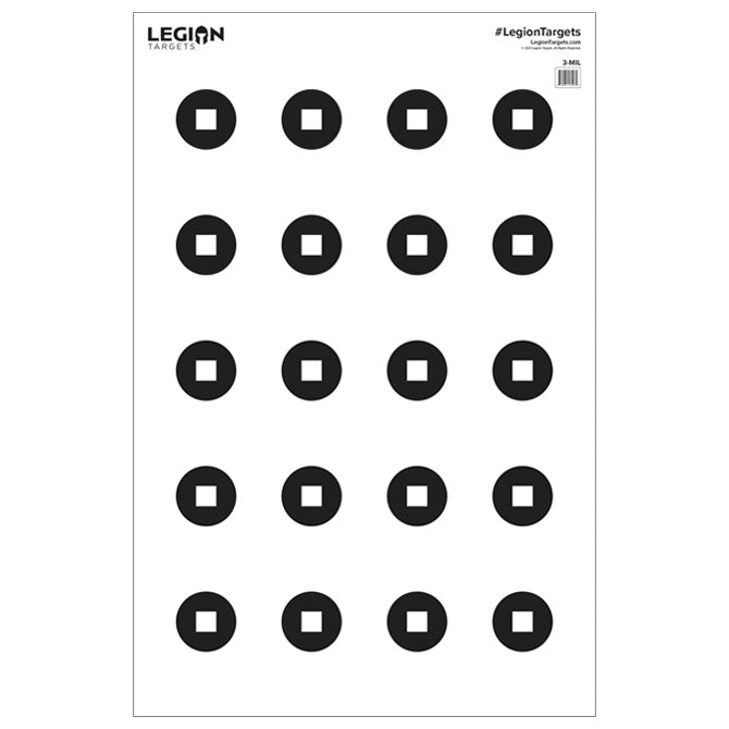 A paper target with multiple circular targets design, branded by Legion Targets.